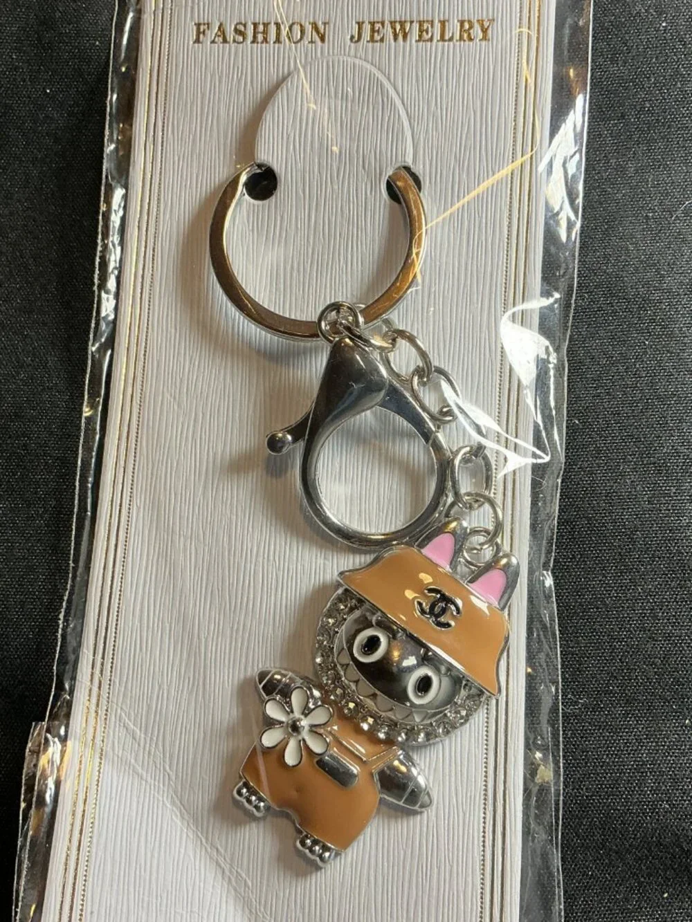 ★ Tan Player Rhinestone Keychain Bag Charm Silver Hardware Flower